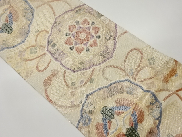 佐賀錦鏡裏に向かい鶴・華文・古典柄模様織出し袋帯